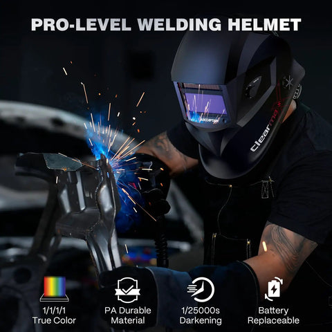 Pro Grade Large Viewing Auto Darkening Welding Helmet With Top Optical Clarity And True Color View on welder, blue arc light