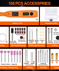 Hella Precise Mini Cordless Rotary Tool Kit With 105 Pieces Variable Speed Micro Drill Grinder accessories layout and rotary tool features.