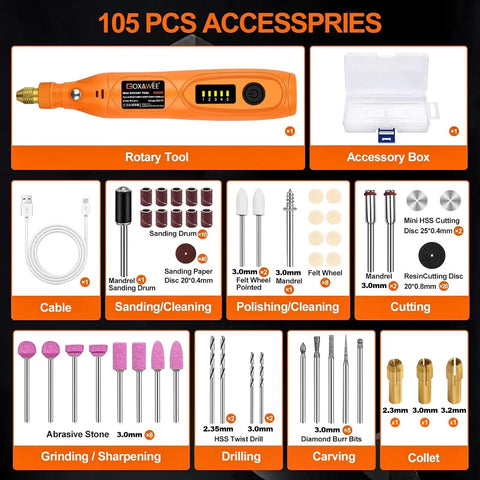 Hella Precise Mini Cordless Rotary Tool Kit With 105 Pieces Variable Speed Micro Drill Grinder accessories layout and rotary tool features.