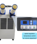 Industrial Portable Air Conditioner Delivers Badass 18700 BTU Cooling Power And Crushes Blistering Heat Like A Champ With 950 Cubic Meter Airflow And A Roomy 14 Liter Tank For Seamless Indoor Or Outdoor Use, featuring dual exhaust hoses and control panel.