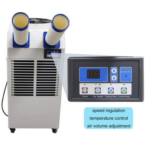 Industrial Portable Air Conditioner Delivers Badass 18700 BTU Cooling Power And Crushes Blistering Heat Like A Champ With 950 Cubic Meter Airflow And A Roomy 14 Liter Tank For Seamless Indoor Or Outdoor Use, featuring dual exhaust hoses and control panel.