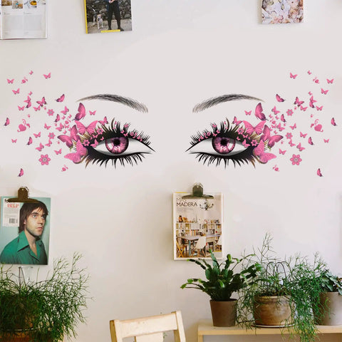 Eyelash Eyes Wall Stickers With Flying Butterflies, Girly Heart Decor Vinyl Art Decals for Women and Girls on living room wall