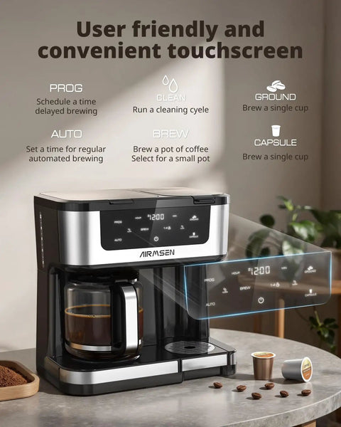 12 Cup Programmable Dual Coffee Maker with Single Serve and Multi Brew Modes, touchscreen with 60 oz glass carafe