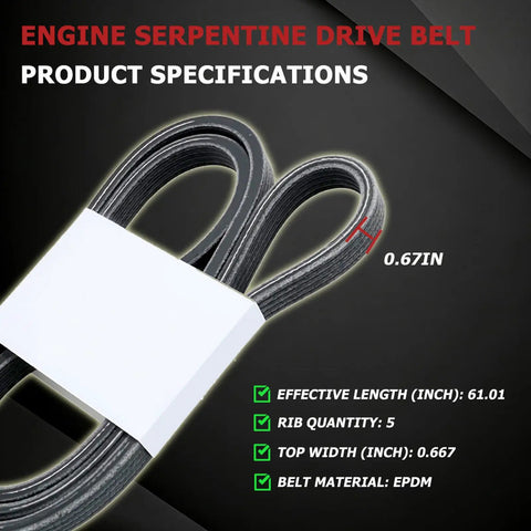 Heavy Duty 61 Inch Serpentine Drive Belt That Slaps Right Into SRX STS Beetle Jetta And Passat To Save Your Engine From Drama While Keeping Your Car Running Smooth Like Butter No More Breakdowns, showing EPDM material and specifications.