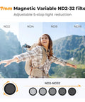 Woman hiking in mountains with Clip On 67mm Variable ND2 32 Magnetic Phone Lens Filter Kit for iPhone 16, 15 Pro Max, 14, 13 series.