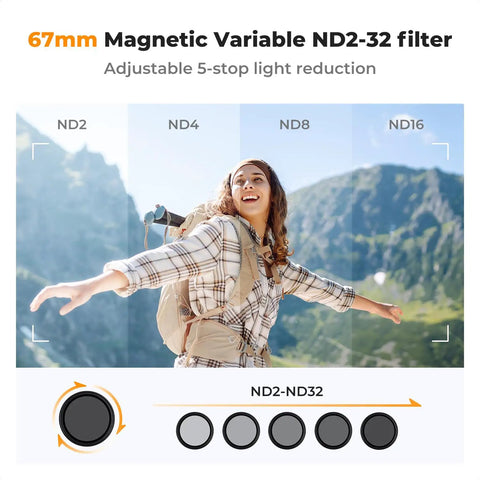Woman hiking in mountains with Clip On 67mm Variable ND2 32 Magnetic Phone Lens Filter Kit for iPhone 16, 15 Pro Max, 14, 13 series.