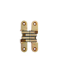Invisible Satin Brass Concealed Cabinet Hinge Three And Three Quarters Inch With Two Holes Per Leaf One Hundred Eighty Degree Range Of Motion Non Handed Zamac And Steel Construction For Doors And Cabinets Ideal For Frameless And Traditional Styles By SOSS shown from front view