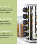 20 Jar Revolving Countertop Spice Rack With Pre Filled Glass Jars And Removable Sifter And Labeled Black Caps And Free Spice Refills