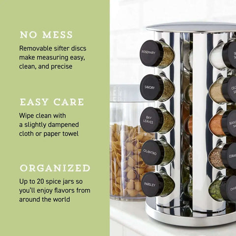 20 Jar Revolving Countertop Spice Rack With Pre Filled Glass Jars And Removable Sifter And Labeled Black Caps And Free Spice Refills