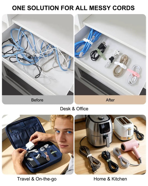 Reusable Silicone Cable Ties For Easy Cable Organization used in desk, home, and travel settings, organizing USB and appliance cords