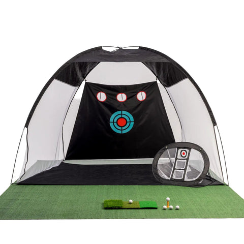 Massive 10x7ft Golf Practice Net Kit with Hitting Net Chipping Net Tri Turf Mat and Target Mat for Backyard Driving Indoor or Outdoor