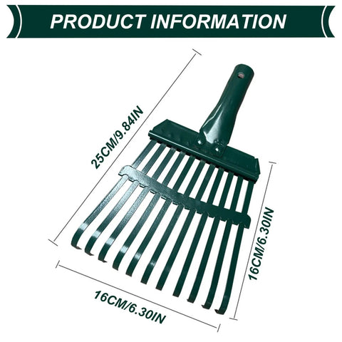 Heavy Duty 11-Tooth Carbon Steel Rake Head 10 Inch Wide Replacement With Pre Drilled Holes For Lawn Care Garden Yard Farm And Metal Debris Cleanup Ideal For Mulch Pile Cleanup And Leaf Raking In Every Season, dimensions shown in centimeters and inches