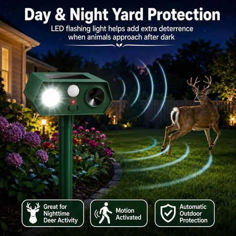 Solar Ultrasonic Deer Repellent Device 4 Pack With Motion Sensor And Flash Light No Go Zone Yard Guard For Flower Beds Vegetables And Gardens Deterrent For Deer Squirrels Raccoons And Rabbits With Multi Frequency 13 to 45KHz, night yard scene