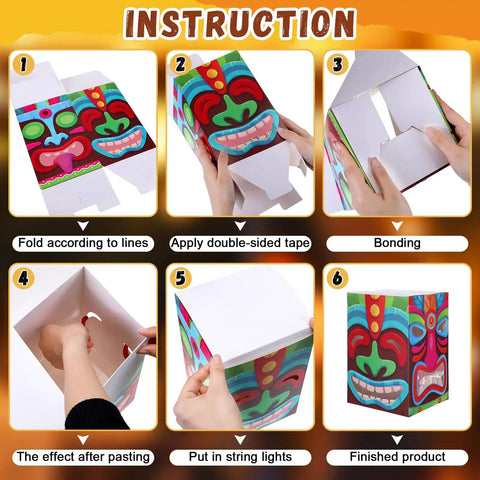 Assembly instructions for 12 Pcs Hawaiian Luau Tiki Totem Gift Boxes with LED Lights for Outdoor Indoor Party Decor.