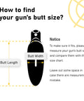 Diagram showing how to measure butt length and width for Slip On Recoil Pad Gel Filled Black Two Pack M L Fits Most Rifles And Shotguns.