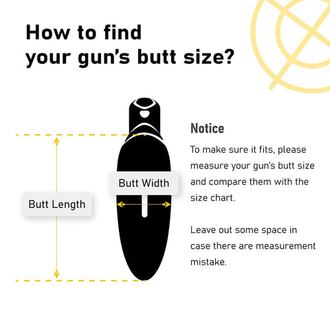 Diagram showing how to measure butt length and width for Slip On Recoil Pad Gel Filled Black Two Pack M L Fits Most Rifles And Shotguns.