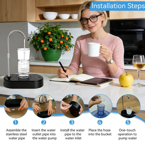 Woman using No Hassle 5 Gallon Water Bottle Dispenser For Countertop With USB Rechargeable Pump Automatic One Touch 6 Dispense Modes