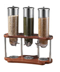 Airtight Cereal Dispenser And Dry Food Storage Container Countertop Organizer No Fuss Game Changer, three 4L containers with wooden base.