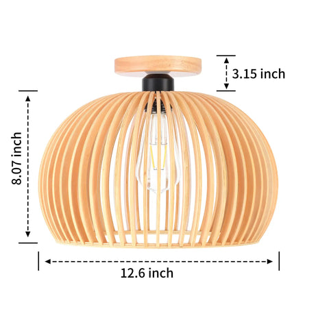 Semi Flush Mount Ceiling Light Fixture With Woven Rattan Cage Shade Cozy Rustic Farmhouse Vibe Handmade Wood Panels And Hemp Rope Wiring Natural Material Durable Bedroom Kitchen Hallway Lighting 1 Pack, showing measurements of 12.6 x 8.07 x 3.15 inches