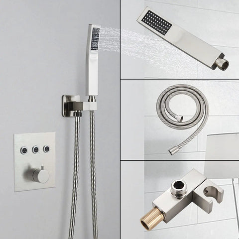 10 Inch Shower System With Rain Shower Head Handheld Spray And Tub Spout Thermostatic Fixtures With Brass Valve Brushed Nickel
