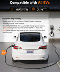 Level Up Your Daily Drive With This Badass 40 Amp Level 2 EV Charger Featuring Nema 14-50 Plug J1772 Connector Smart WiFi App RFID Access And A Heavy Duty 25 Foot Cable For Quick Indoor Outdoor Home Charging connected to a white EV.