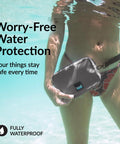 Woman holds 100 Percent Waterproof Fanny Pack For Beach And Travel, Fully Submersible IP67 Dry Bag underwater.