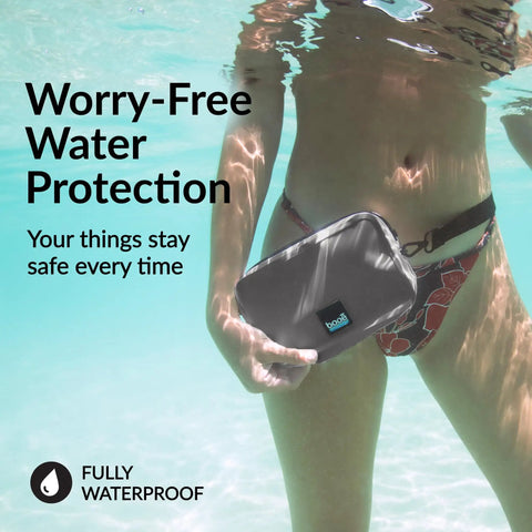 Woman holds 100 Percent Waterproof Fanny Pack For Beach And Travel, Fully Submersible IP67 Dry Bag underwater.