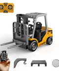 Mini One Sixty Fourth Scale RC Forklift Toy With 2 In 1 Transformable Lift Fork And Hook Remote Control Truck displayed with accessories