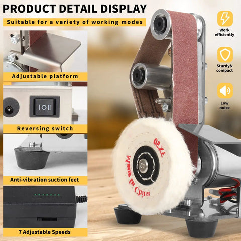 Top Tier 3 In 1 Mini Belt Sander Bench Grinder Polisher And Buffer Station Featuring Flex Cushioned Sailboat Belts with adjustable features.