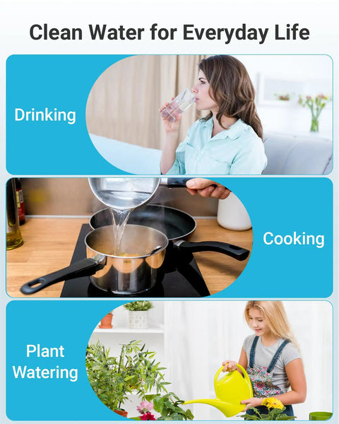 Woman drinks water, cooks with filtered water, and waters plants using Gravity Water Filter Replacement For Berkey BB9 2 Black Carbon Filter.