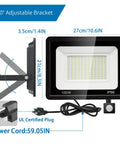 Dimensions and features of 100W LED Outdoor Flood Light With Motion Sensor, showcasing plug, 180° adjustable bracket, and IP66 rating.