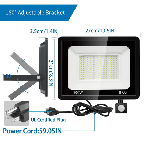 Dimensions and features of 100W LED Outdoor Flood Light With Motion Sensor, showcasing plug, 180° adjustable bracket, and IP66 rating.