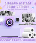 Kids Camera With Instant Print And Flip Lens, 1080P HD Video, Inkless Pocket Digital in purple with 3 paper rolls