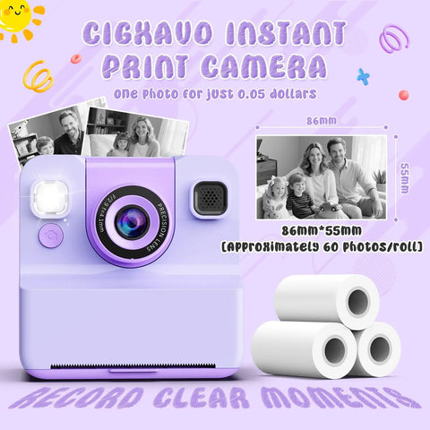 Kids Camera With Instant Print And Flip Lens, 1080P HD Video, Inkless Pocket Digital in purple with 3 paper rolls