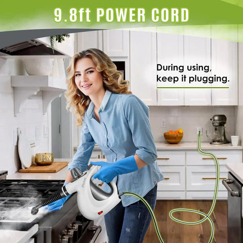 Straight Up Pressurized Handheld Steam Cleaner With Twelve Quick Swap Attachments in use on a stove surface.