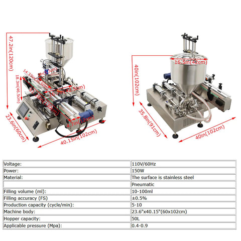 Hella Reliable Double Head Automatic Paste And Liquid Filling Machine With Pneumatic Dual Purpose Power For Sauces And Viscous Jars 10 To 100 Ml Capacity 8 Mm Zero Drip Tip side view with stainless steel body and large hopper.