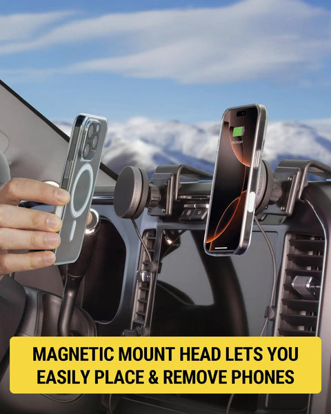 Qi2 Wireless MagSafe Car Charger Mount With 15W Magnetic Phone Holder installed on vehicle dash AMPS plate for iPhone and Samsung