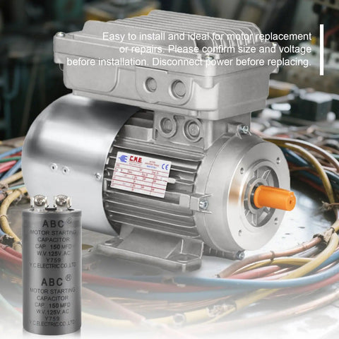 Reliable 150MFD 125VAC CD60 Motor Start Run AC Capacitor Cylinder Type Replacement for Single Phase Motors, shown with motor and wiring