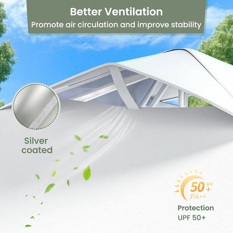 10x10 Pop Up Canopy Tent With Pocket Sidewalls, One Push Setup, Easy Outdoor Sun Shade For Events And Parties, Beach Or Camping, 100 Sq Ft Shade, Includes Wheel Bag And 4 Weight Bags, White CP23 showing ventilation feature with UPF 50+
