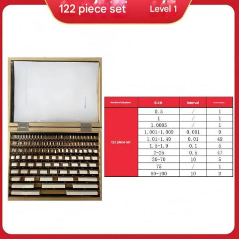 Pro Grade Ceramic Rectangular Gauge Block Set With 122 Pieces For Dead On Micrometer Calibration And Caliper Checking built durable in storage case showing measurement sizes.