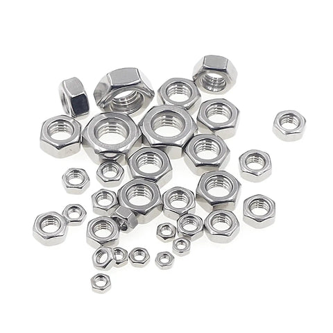 Assorted 570 Piece Metric Hex Nut Set M1 To M10, 304 Stainless Steel, Coarse Thread for DIY projects and automotive maintenance.