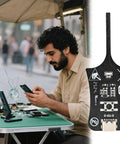 Man using Coil Fault Detection Tool for PCB Inductors and Power Supplies at outdoor table with circuit board visible