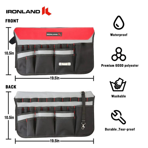 Front and back view of a red and black Bucket Tool Organizer Caddy Fits 3.5 to 5 Gallon Buckets, 51 Pockets for various tools.