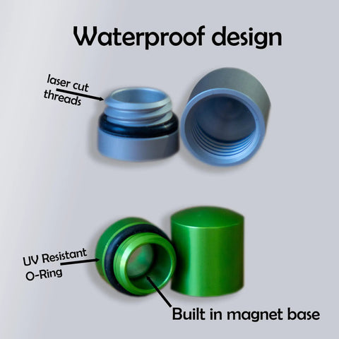 Close-up of Magnetic Nano Geocache Containers 4 Pack showcasing waterproof design with UV resistant O-ring and magnet base