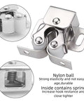 6 Self-Adjusting Double Roller Ball Door Catches Made From Durable Alloy Steel For Cabinets And Drawers To Keep Stuff Secure And Tight Without Any Gaps Or Loose Fits Around The House close-up of nylon roller ball mechanism and spring.