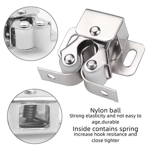 6 Self-Adjusting Double Roller Ball Door Catches Made From Durable Alloy Steel For Cabinets And Drawers To Keep Stuff Secure And Tight Without Any Gaps Or Loose Fits Around The House close-up of nylon roller ball mechanism and spring.