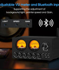 5 Band Bluetooth Equalizer Preamp For Home Stereo And Computer Speakers With VU Meter Dial In Tone Control Independent Op Amp Per Band For Precise Bass Mid And Treble Tuning On Any Amplifier, black metal front view