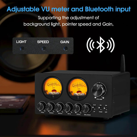 5 Band Bluetooth Equalizer Preamp For Home Stereo And Computer Speakers With VU Meter Dial In Tone Control Independent Op Amp Per Band For Precise Bass Mid And Treble Tuning On Any Amplifier, black metal front view