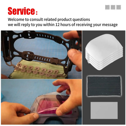 Outside Replacement Lenses For 9100XX And 9100XXVI Helmet Hood Kit with clear lenses, sweatband, and frame in hands
