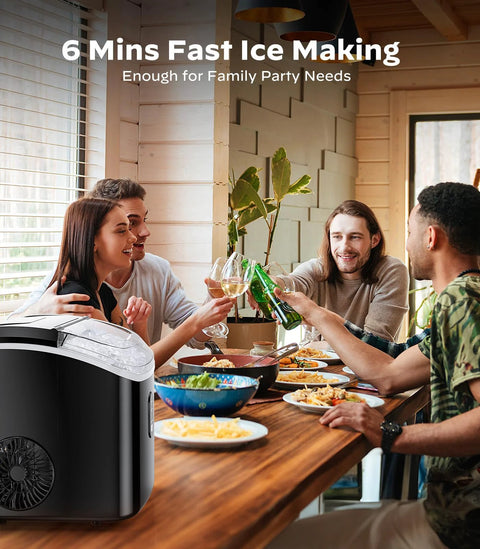 Nugget ice maker, black countertop appliance on wooden table, front-left view.
